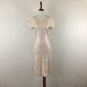 Carmen Marc Valvo Sequin Beaded Short Sleeve Dress